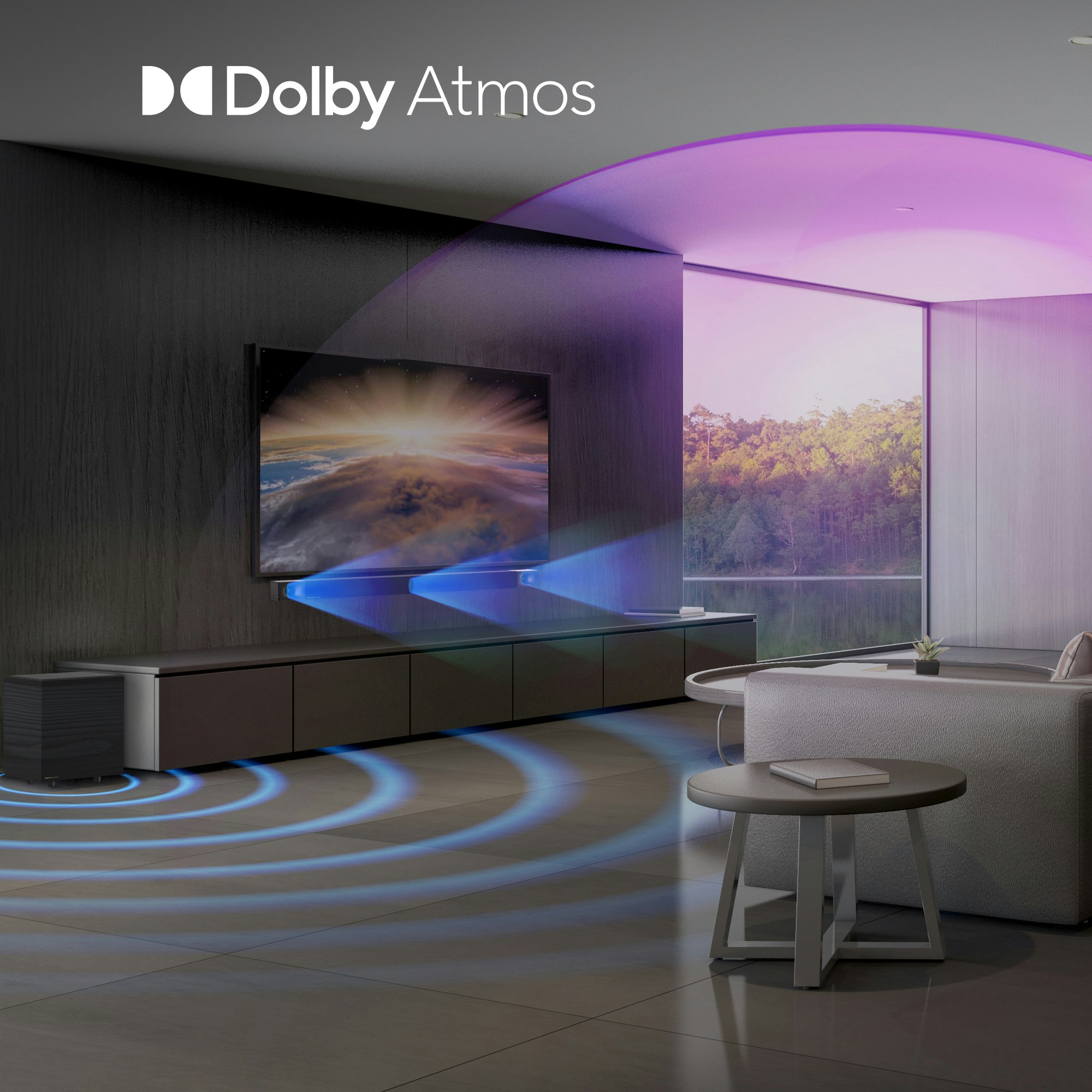 Klipsch Cinema 800 Sound Bar in a living room setting with a depiction of sound waves and a dolby atmos logo Mobile